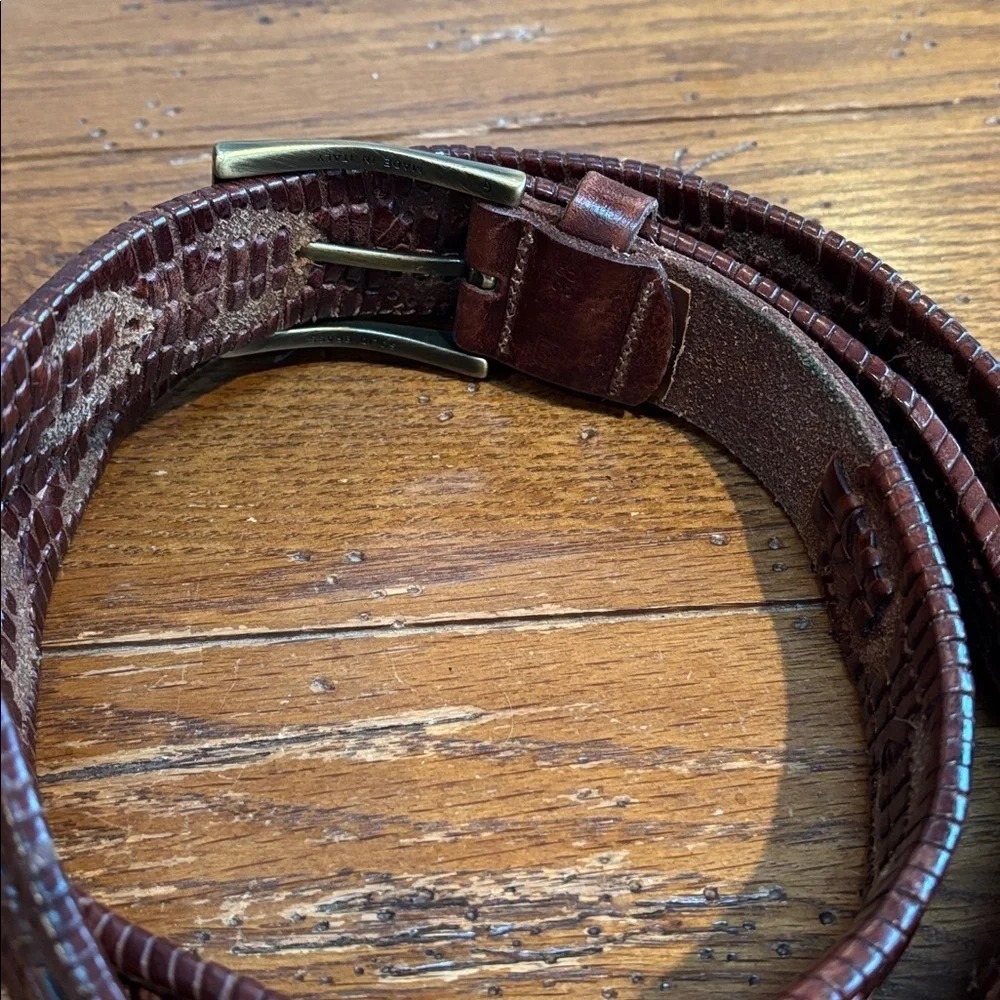 Brown Leather Woven Belt Tapered End Solid Brass Made in Italy Buckle Size 38